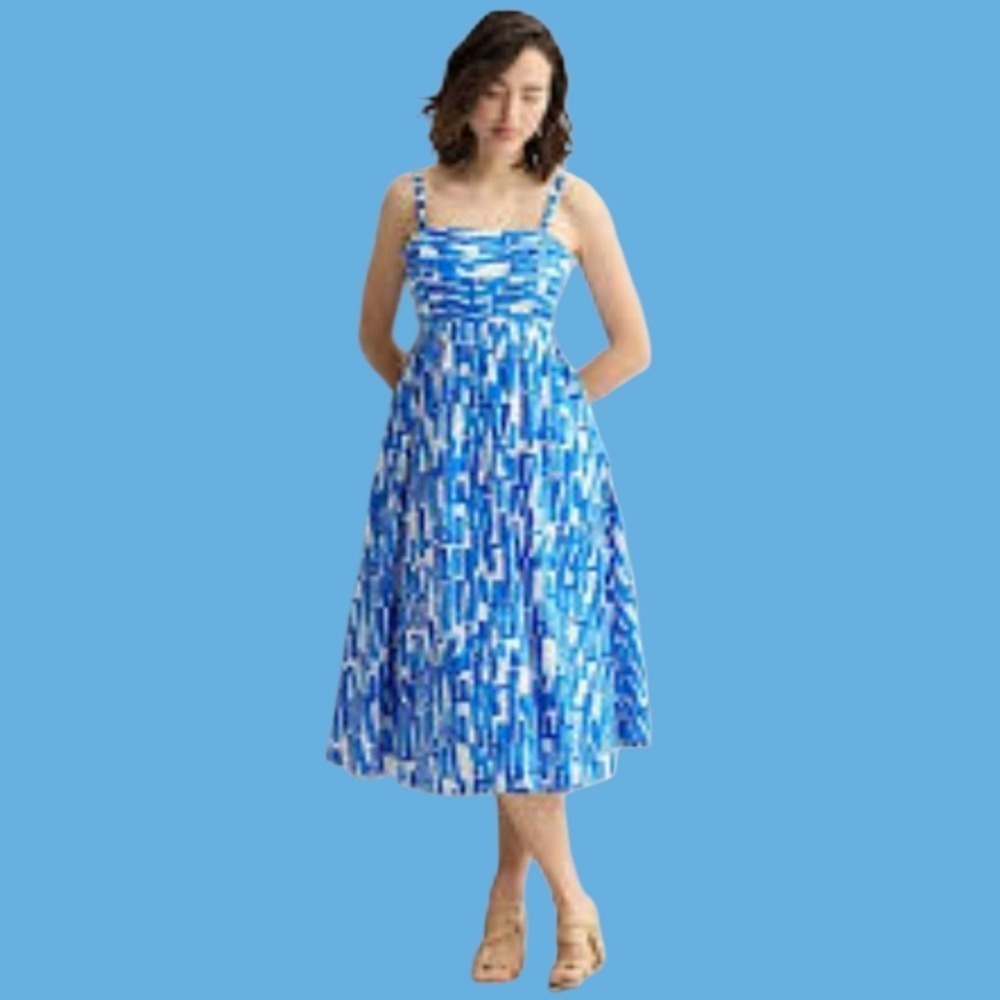 2 for $30 Nine West Midi Dress M Blue Geometric Print Smocked Pockets Vacation - Picture 6 of 11